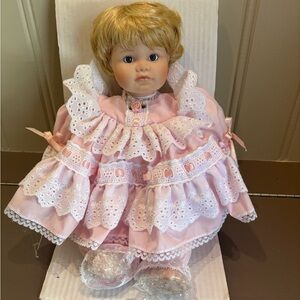 Adorable Pink Lace Porcelain Doll with Blonde Hair
